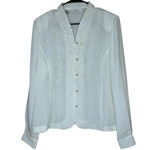 Cathy Che New York White Embroidered Pearl Beaded Blouse Vintage Size 16‎ NWT